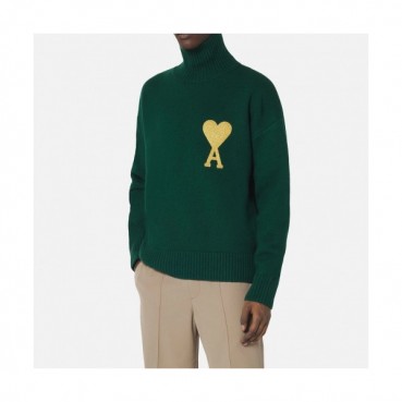 Ami  Unisex Logo Casual Turtle-neck Sweaters Green 