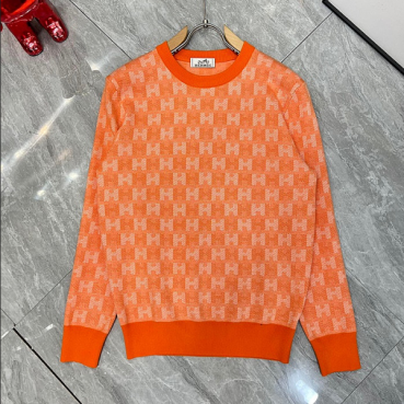 Hermes  Mens Crew-neck Wool Sweater Orange 