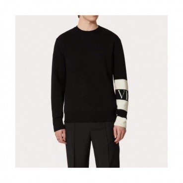 Valentino  Mens Big Logo Crew-neck Wool Sweaters Black 