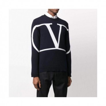 Valentino  Mens Big Logo Crew-neck Wool Sweaters Black 