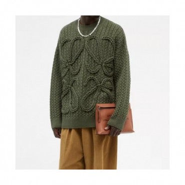 Loewe Mens Logo Crew-neck Wool Sweaters Green 