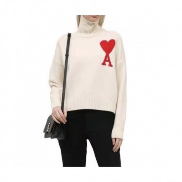 Ami Mm/Wm Logo Casual Turtle-neck Sweaters Ivory 