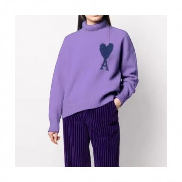 Ami Mm/Wm Logo Casual Turtle-neck Sweaters Purple 