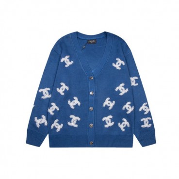 샤넬 남/녀 브이넥 블루 가디건 - Chanel Unisex Blue Cardigan 