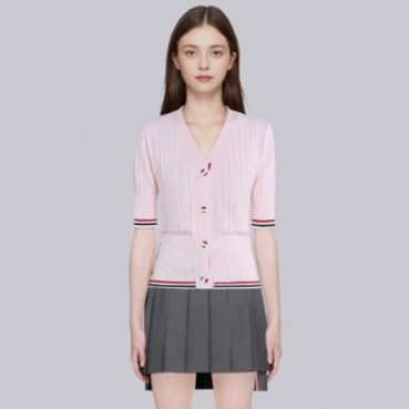 톰브라운 여성 브이넥 니트 반팔티 - Thom Browne Womens V