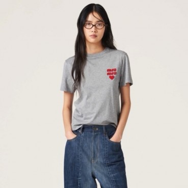 미우미우 여성 그레이 반팔 티셔츠 - Miumiu Womens Gray Tshirts 