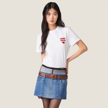 미우미우 여성 화이트 반팔 티셔츠 - Miumiu Womens White Tshirts 