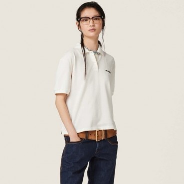 미우미우 여성 화이트 반팔 폴로 티셔츠 - Miumiu Womens White Tshirts 