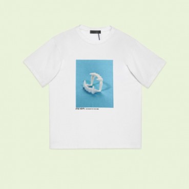 프라다 남성 크루넥 화이트 반팔티 - Prada Mens White Short sleeved Tshirts 
