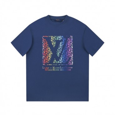 루이비통 남성 네이비 크루넥 반팔티 - Louis vuitton Mens Navy Short sleeved Tshirts 