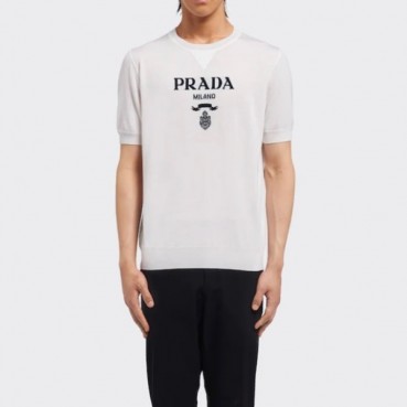 프라다 남성 크루넥 화이트 반팔티 - Prada Mens White Short sleeved T