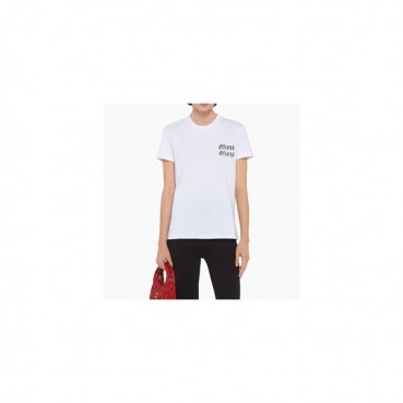 미우미우 여성 크루넥 화이트 반팔티 - Miumiu Ladys White short sleeved T
