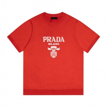 프라다 남성 크루넥 레드 반팔티 - Mens Red Tshirts 