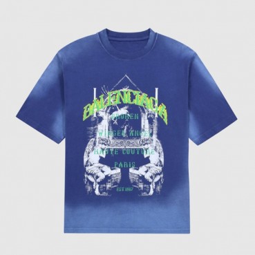 발렌시아가 남성 크루넥 블루 반팔티 - Mens Blue Tshirts 