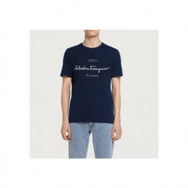 페라가모 남성 네이비 크루넥 반팔티 - Mens Navy Tshirts 