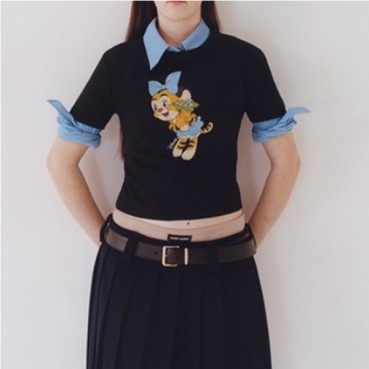 미우미우 여성 크루넥 블랙 반팔티 - Ladys Black Tshirts 
