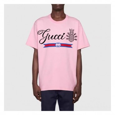 구찌 남자 크루넥 핑크 반팔티 - Unisex Pink Tshirts 