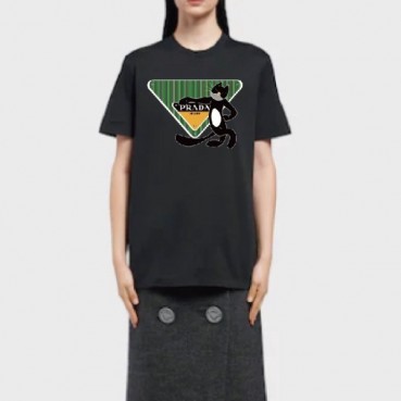 프라다 여자 크루넥 블랙 반팔티 - Unisex  Black Tshirts 
