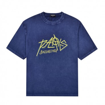 발렌시아가 남자 크루넥 블루 반팔티 - Unisex Blue Tshirts 