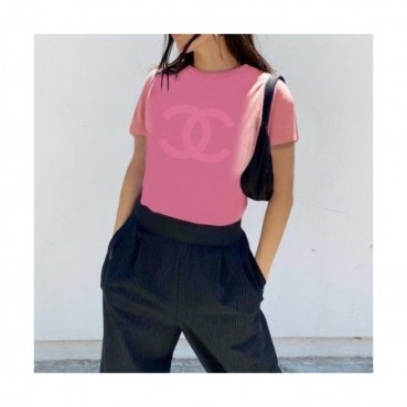 Chanel  Womens 'CC' Logo Cotton Short Sleeved Tshirts Pink - 샤넬 2021 여성 'CC'로고 코튼 반팔티 Cnl0693x Size(s 