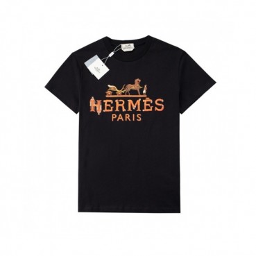 Hermes 2021 Mens Crew-neck Short Sleeved Tshirts Black 