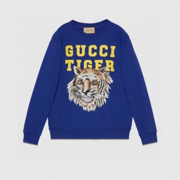 Gucci  Unisex Logo Crew-neck Cotton Tshirts Blue 