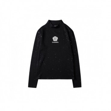 Chanel  Womens Crew-neck Logo Cotton Tshirt Black 