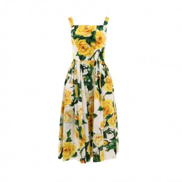 돌체앤가바나 여성 로즈 프린트 플리츠 코튼 미디 드레스 - Dolce&Gabbana Womens Rose Print Pleated Cotton Midi Dress 